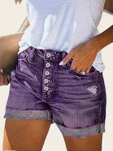 Stylish women's high waisted purple denim shorts casual multi button rolled cuff shorts