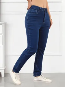 Women dark blue high waist skinny denim jeans slim fit casual trousers detail view