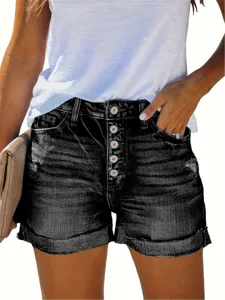 Women multi button ripped denim shorts casual fashion summer wear apparel detail view