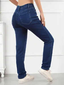 Detailed view of women's dark blue stretch skinny denim jeans, casual and slim fit style.