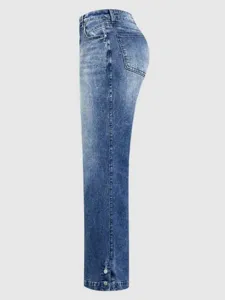 Women's classic fashion straight denim jeans with vintage wash and hem button details.