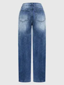 Women fashion straight leg denim jeans detail view, classic blue washed casual pants.