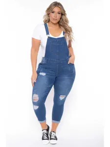 Plus size distressed denim overalls for women, casual stretch dungarees with front pocket.