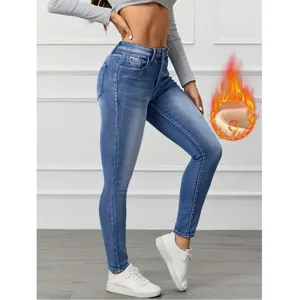 Women's blue fleece-lined skinny jeans high waist slim stretch denim pants for winter