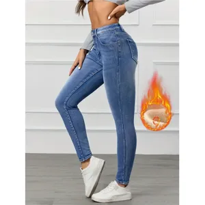 Women blue fleece lined skinny jeans high waist stretch denim pants casual winter trousers