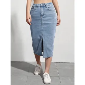 Womens High Waist Split Bodycon Denim Midi Skirt Casual Stretchy Cotton Blend Pencil Skirt Spring Summer Fashion