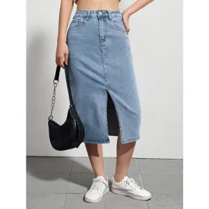 Women high waist denim midi skirt casual light blue front split bodycon skirt for spring