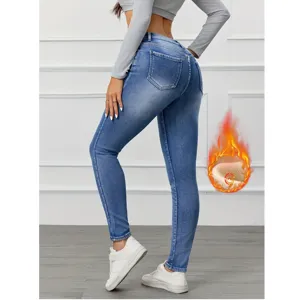 Women blue fleece lined skinny jeans stretch slim fit casual denim pants autumn winter