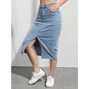 Light blue high waist front slit denim midi skirt for women, casual bodycon denim skirt main.