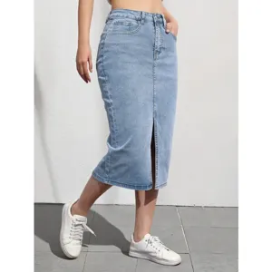 Women light blue high waist front slit denim midi pencil skirt casual streetwear fashion