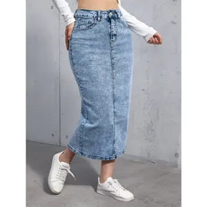 Women light blue denim midi skirt casual high waist versatile spring autumn fashion wear