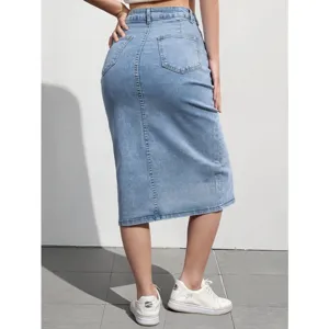 Women's light blue high-waist stretch denim midi pencil skirt for daily casual wear and fashion.