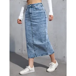 Women high waist light blue acid wash denim midi skirt casual versatile streetwear fashion apparel.