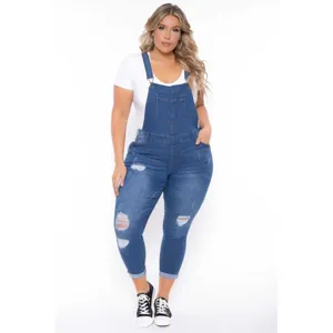 Plus size denim overalls for women, distressed ripped stretch jeans pants with casual white t-shirt.