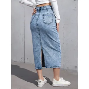 Women light blue high waist denim midi skirt casual versatile back slit skirt for spring