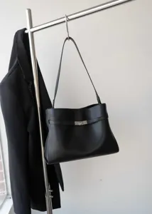 Black vintage PU leather shoulder bag elegant minimalist underarm tote handbag for women
