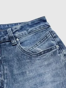 Women denim jeans detail view blue casual pants classic washing pocket design