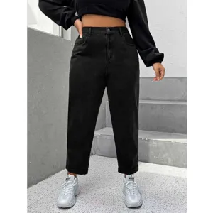 Women's Plus Size Washed Black Denim Jeans High Waist Straight Leg Elastic Casual Stretch Trousers Cotton Blend Plus Size Denim Pants
