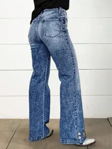 Women fashion high waist acid wash straight jeans, casual denim pants with back pockets detail.