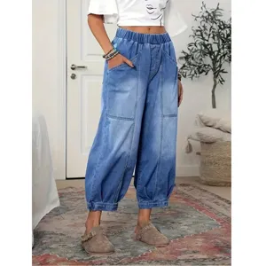 High waisted vintage wide leg denim pants for women casual elastic waist balloon jeans blue