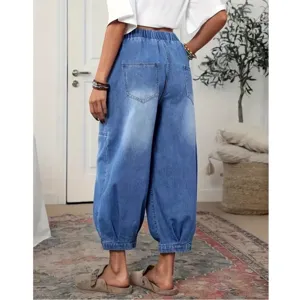 Women high waist denim wide leg pants casual vintage cropped jeans back view main image