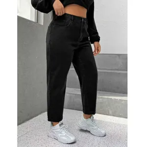 Women's high-waisted black washed denim jeans, stylish casual stretch jeans for daily wear.