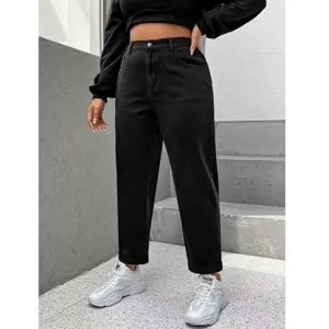 Washed black high waist straight leg denim jeans for women, casual plus size pants.