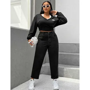 Stylish black washed denim jeans for women, casual high waist plus size straight pants.