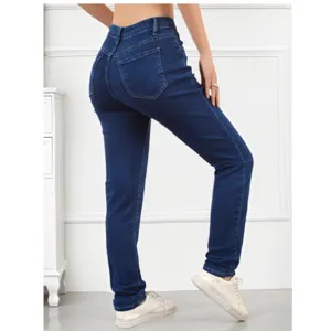 Women's dark blue stretch skinny denim pants casual slim fit long trousers for daily wear.