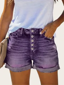 Women high waisted multi-button distressed purple casual denim shorts with rolled cuffs