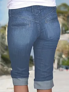 Détails du pantalon corsaire en denim stretch slim taille plus décontracté vue arrière.