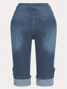 Femme grande taille stretch slim casual revers denim pantacourt style bleu foncé