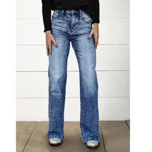 Womens Fashion High Waist Flare Jeans Mid Waist Denim Cotton Long Pants Classic Blue Washed Casual Trousers