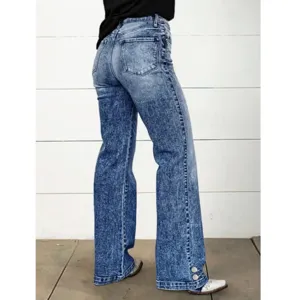 Women's vintage acid wash straight leg denim jeans, high waist casual pants with button.