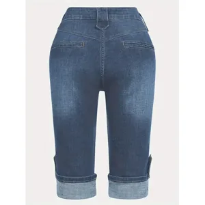 Femme Grande Taille Stretch Slim Denim Capri Casual Revers Biker Jean Vue Arrière