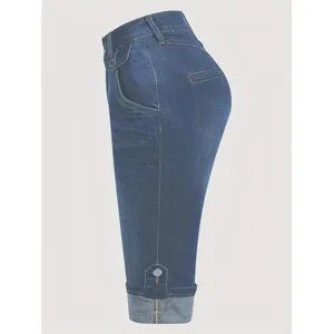 Femme grande taille extensible slim decontracté revers denim corsaire jean cycliste