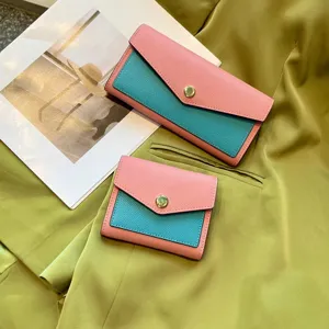 Two tone leather envelope wallet set pink blue long and short compact purses for women chic