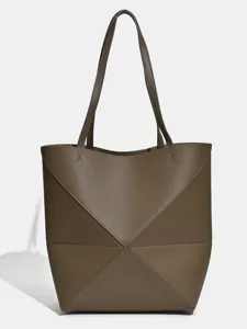 Große Kapazität Geometrische Faltbare Tote Tasche Damen Leder Lässige Pendler Umhängetasche Mode Eimer Tasche