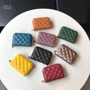 Women quilted leather zipper card holder coin purse set with multiple color options available
