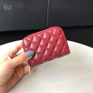 Women's Red Quilted Genuine Leather Zipper Coin Purse Compact Card Holder Wallet Luxury Style