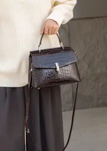 Croc embossed top handle bag, structured shoulder crossbody handbag for women dark brown