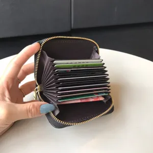 Women black leather accordion card holder multi-slot mini wallet zipper coin purse