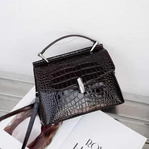 Dark brown crocodile pattern handbag, elegant top handle bag for women, chic daily crossbody.