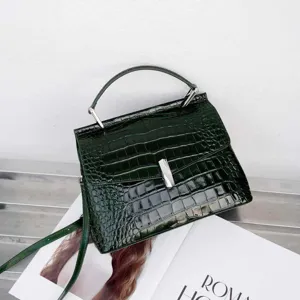 Green crocodile pattern leather handbag stylish top handle shoulder crossbody bag for women