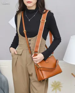 Stylish women genuine leather crossbody shoulder bag casual orange purse with wide strap
