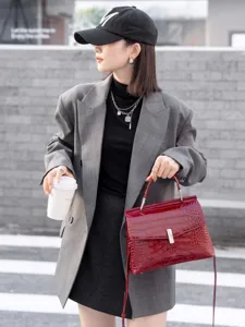 Chic red crocodile pattern handbag for women, elegant top-handle shoulder bag daily use.