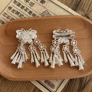 Ethnic Miao silver tassel hair clip, vintage Chinese style side clip for Hanfu hair.