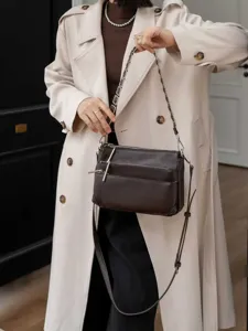 Brown leather multi-zipper crossbody shoulder bag women casual fashion stylish daily use detail