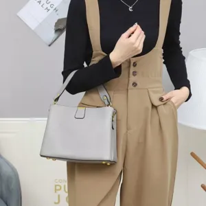 Stylish women gray leather shoulder bag casual large capacity crossbody bag summer chic