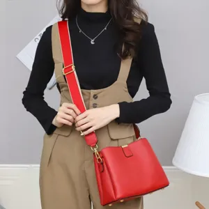 Stylish women red leather shoulder bag casual crossbody bag with wide strap for daily use